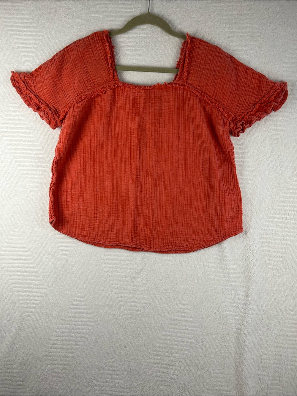 Wonderly Coral-Red Gauze Square-Neck Blouse